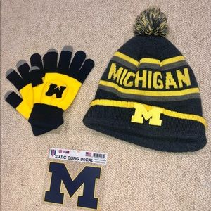 University of Michigan lot including never worn winter hat, gloves & car decal.